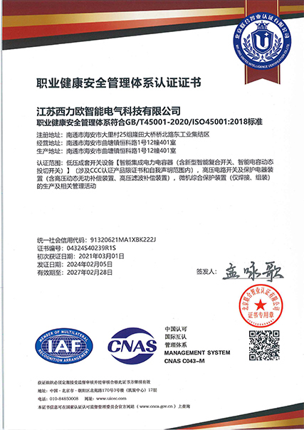 职业健康安全管理体系认证证书